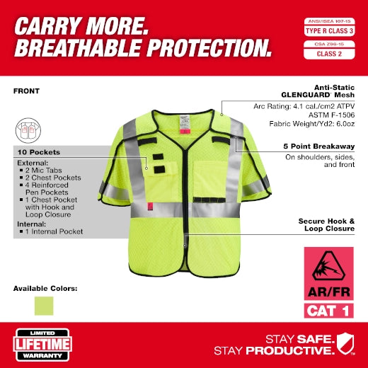 Chaleco de seguridad amarillo desprendible de gran visibilidad clase 3, AR/FR Cat. 1, tallas 2XL/3XL (ANSI/CSA) Milwaukee 48-73-5233 - imagen 3