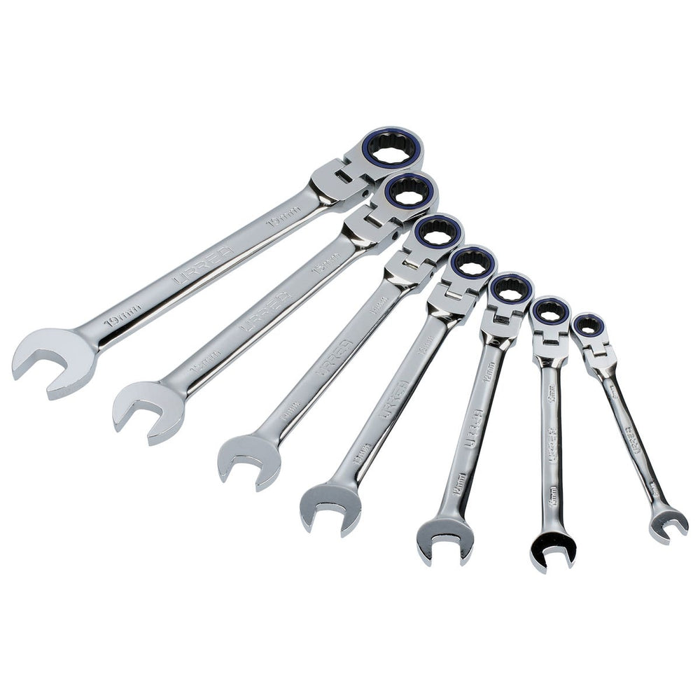 Juego de llaves combinadas pulido espejo de matraca flex métricas,12 puntas,7 piezas,rack Urrea 12MF7M