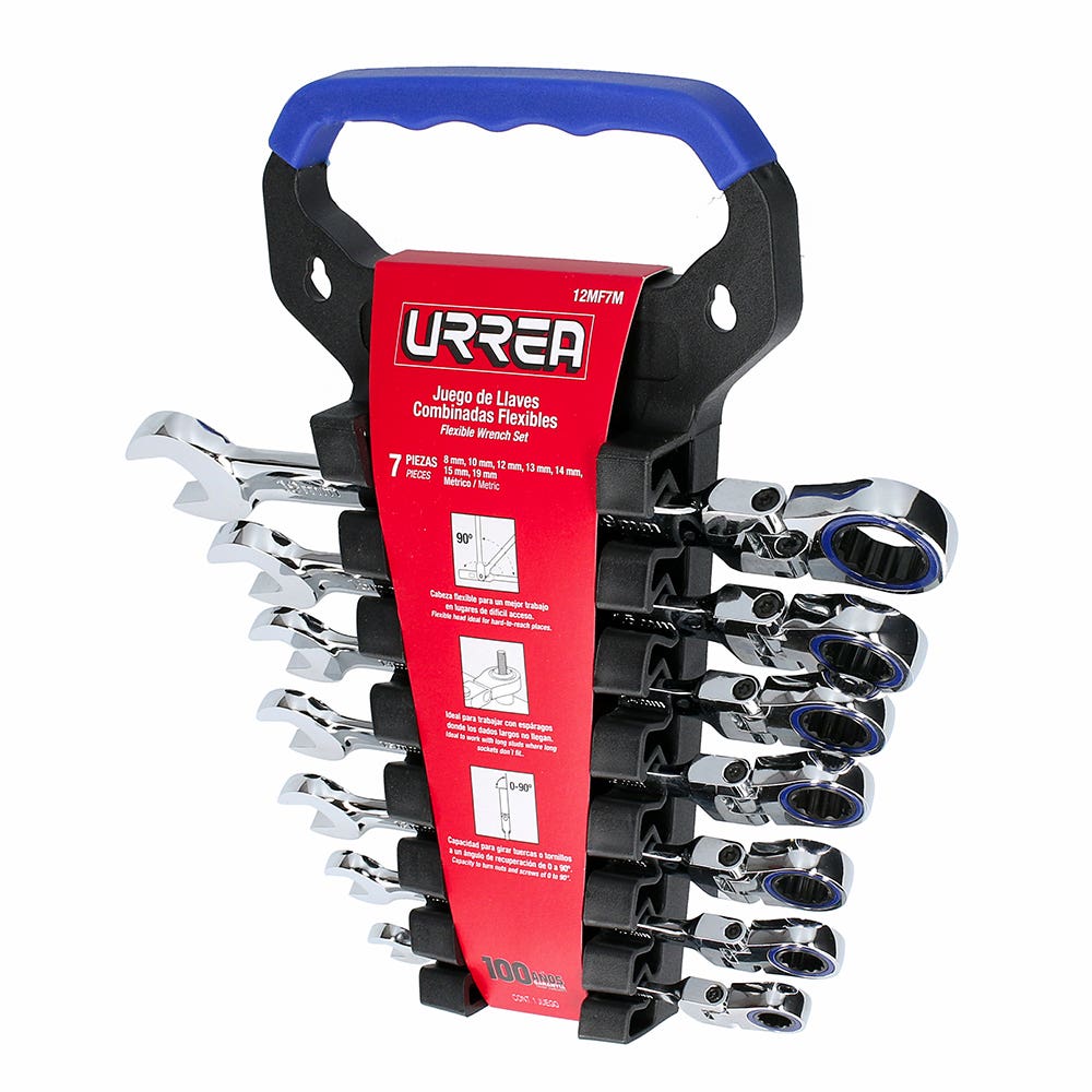 Juego de llaves combinadas pulido espejo de matraca flex métricas,12 puntas,7 piezas,rack Urrea 12MF7M - imagen 4