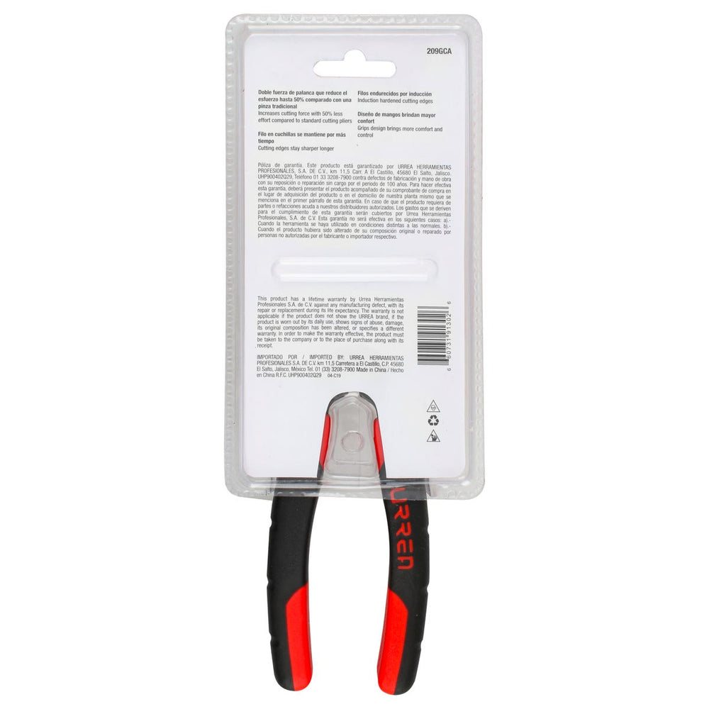 Pinza para electricista con mango bimaterial palanca compuesta corte diagonal de 7" Urrea 209GCA - imagen 7