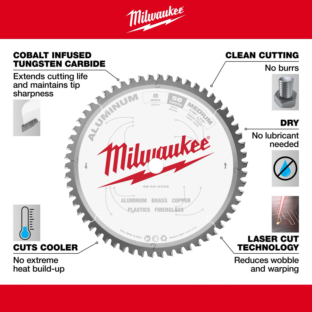 Hoja de sierra circular para cortar aluminio de 8" Milwaukee 48-40-4345 - imagen 2
