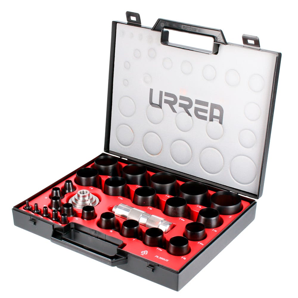 Juego de sacabocados con mango adaptador ergonómico 1/8" a 2", 27 piezas Urrea 49902