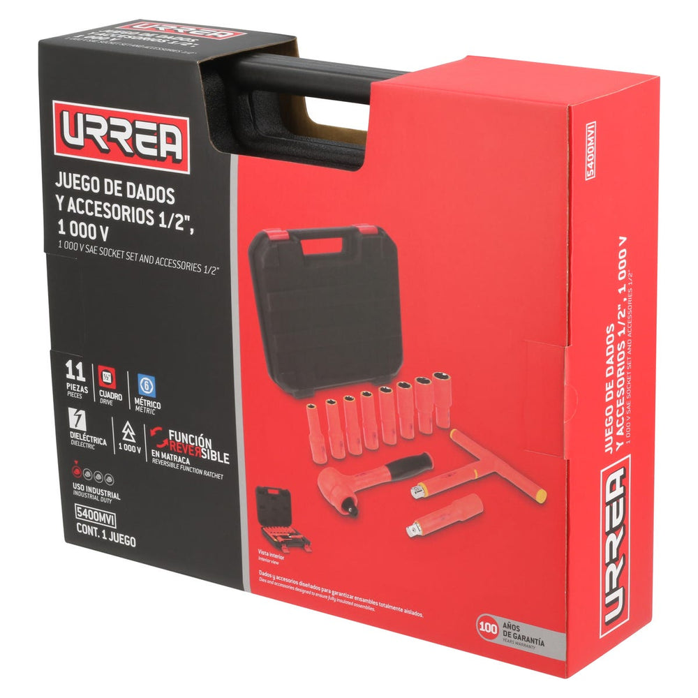 Juego de dados y accesorios cuadro de 1/2" métricos para 1000 V, caja plástica, 11 piezas Urrea 5400MVI - imagen 5