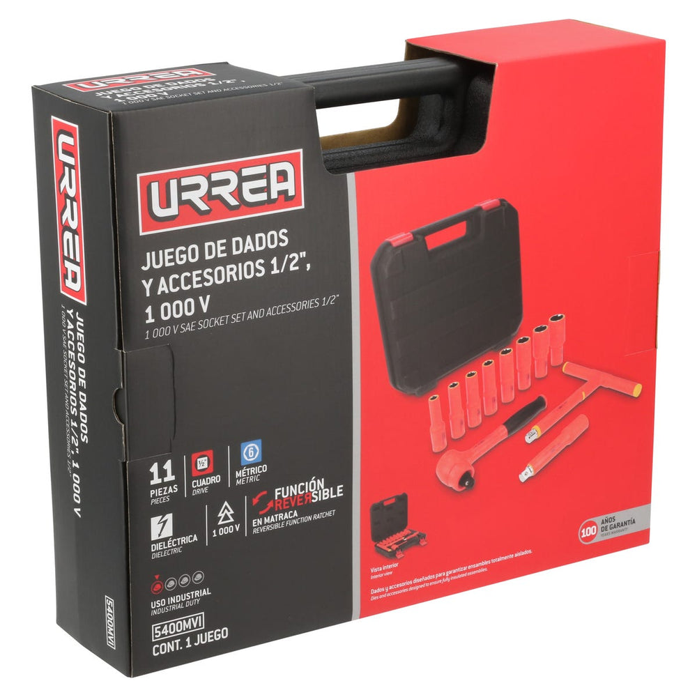 Juego de dados y accesorios cuadro de 1/2" métricos para 1000 V, caja plástica, 11 piezas Urrea 5400MVI - imagen 4