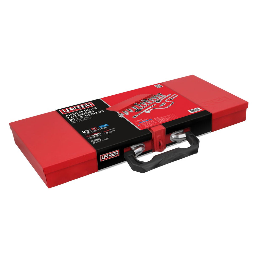 Juego de dados y accesorios cuadro de 1/2" métrico 29 piezas, con caja metálica Urrea 5400M - imagen 3