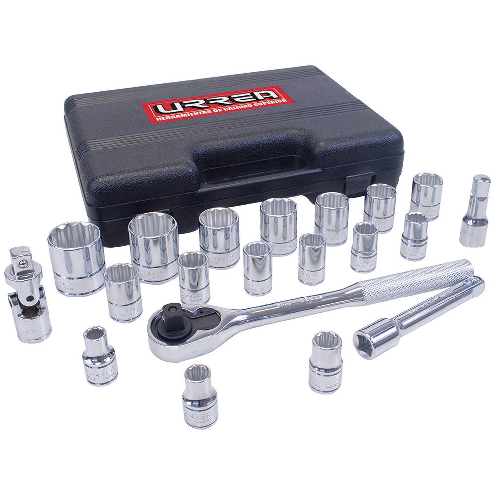 Juego de dados y accesorios cuadro de 1/2" métrico, 20 piezas Urrea 5400PBM