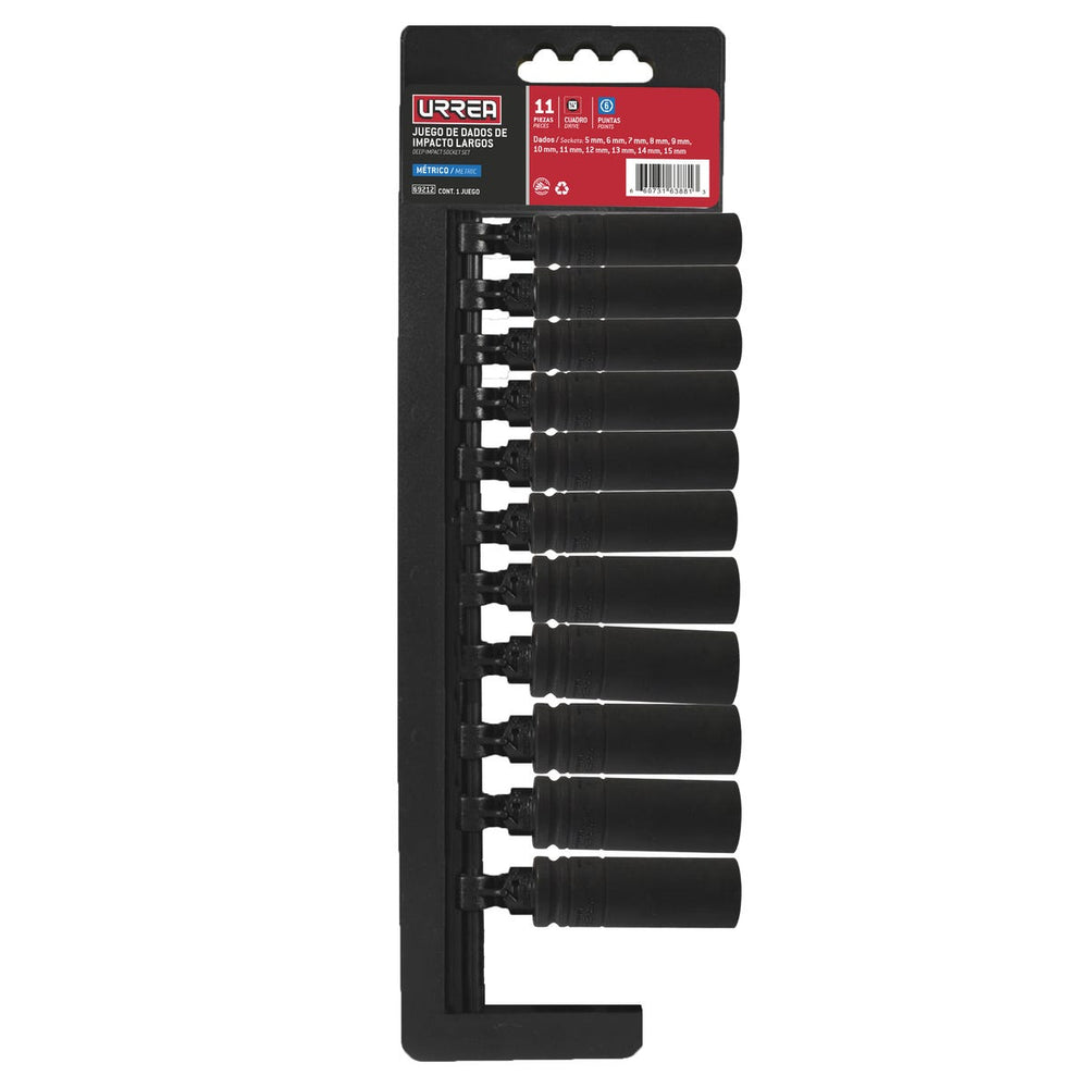 Juego de dados largos de impacto cuadro de 1/4", 6 puntas, métricos, 11 piezas Urrea 69212 - imagen 3