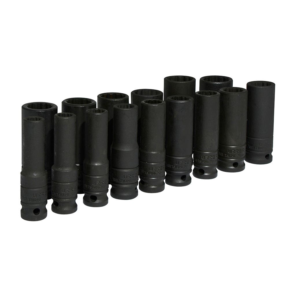 Juego de dados largos de impacto cuadro de 1/2", 12 puntas, métricos, 15 piezas Urrea 74203