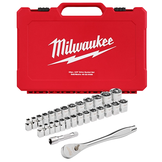 Juego de trinquete con boca de 3/8" y cubos SAE, 29 piezas con CUATRO CARAS PLANAS Milwaukee 48-22-9088