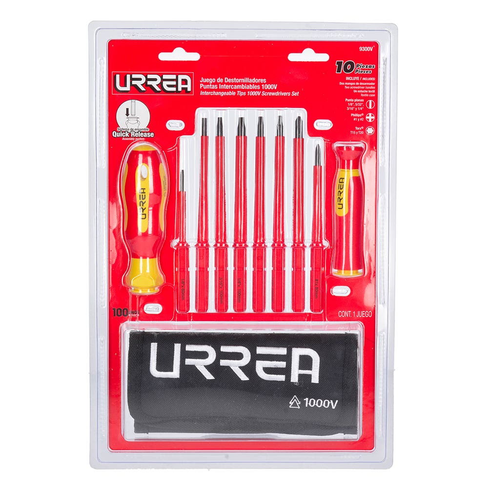 Juego de destornilladores con mango bimaterial y puntas intercambiables 1000 V, 10 piezas Urrea 9300V - imagen 2