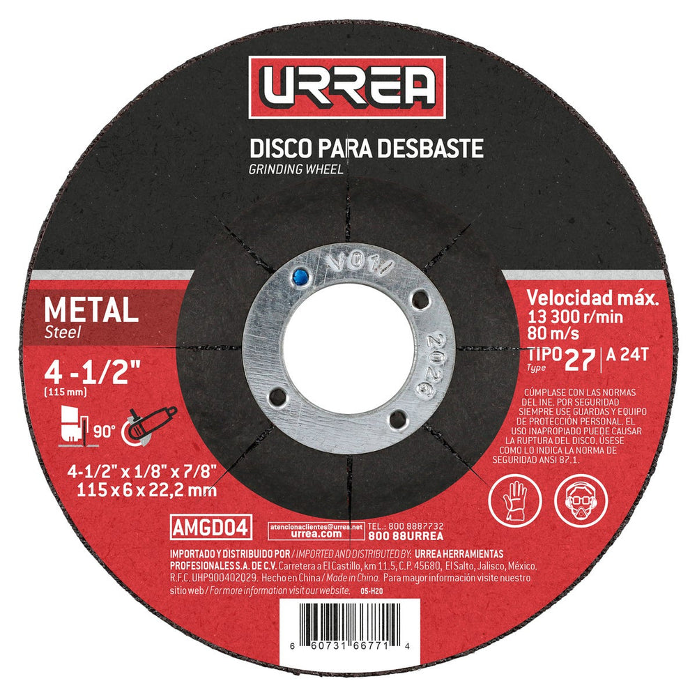 Disco abrasivo tipo 27 para metal, 4-1/2" x 1/4",13,300 RPM Urrea AMGD04