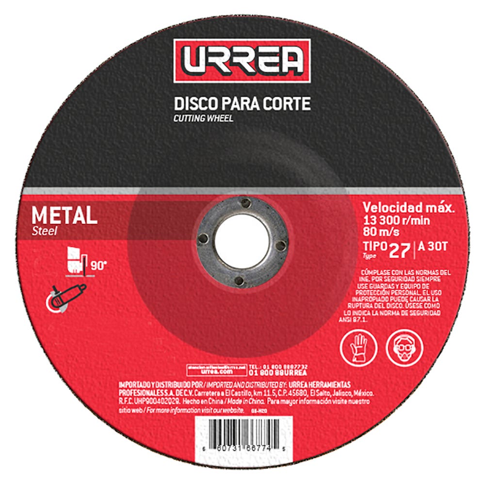 Disco abrasivo tipo 27 para metal, 9" x 1/4" Urrea AMGD09