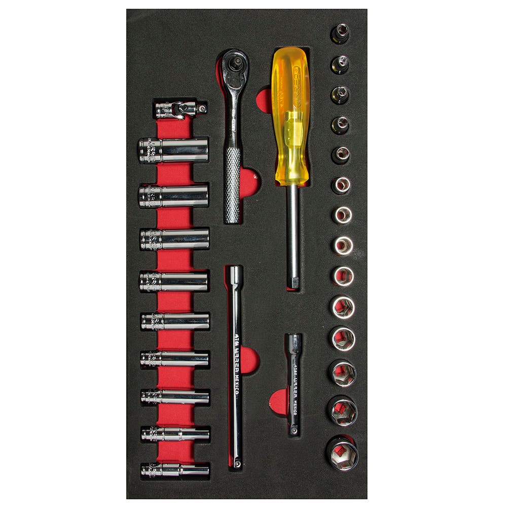 Juego de dados cortos, largos y accesorios cuadro de 1/4" métricos 28 piezas, CH103-C Urrea CH103