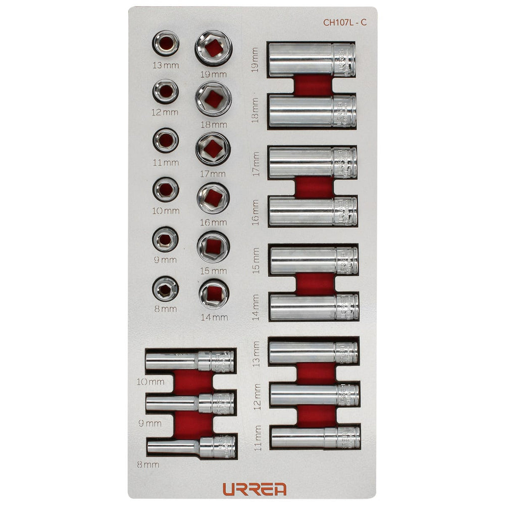 Juego de dados cortos y largos cuadro de 3/8" métricos 24 piezas, CH107L-C Urrea CH107L