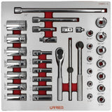 Juego de dados cortos,largos y accesorios cuadro de 3/8" en pulgadas 35 piezas, CH201L-C Urrea CH201L