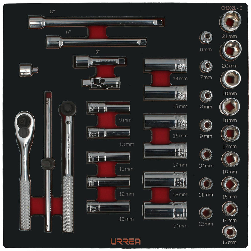 Juego de dados cortos,largos y accesorios cuadro de 3/8" métricos 35 piezas, CH202-C Urrea CH202 - imagen 2
