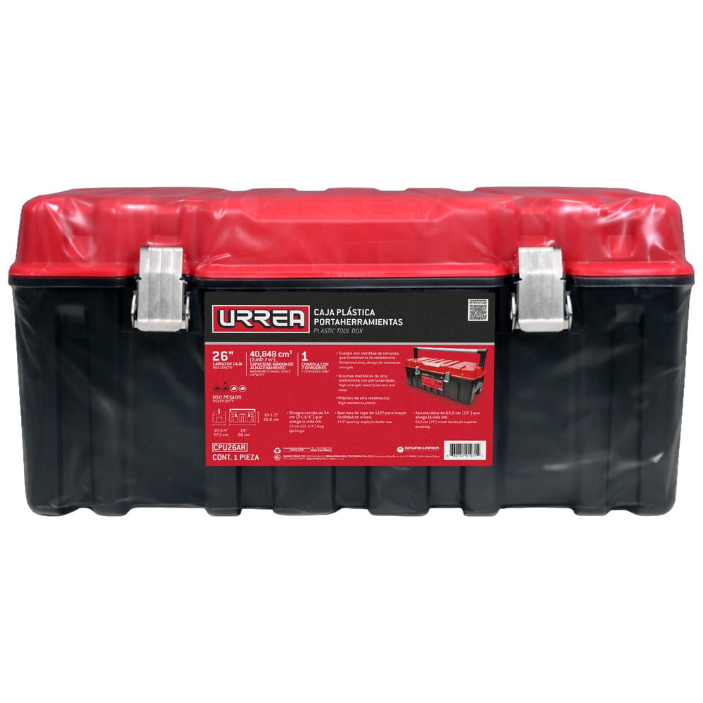 Caja portaherramientas plástica con broches metálicos color negro tapa roja 26" x 10" x 10 Urrea CPU26AR - imagen 3