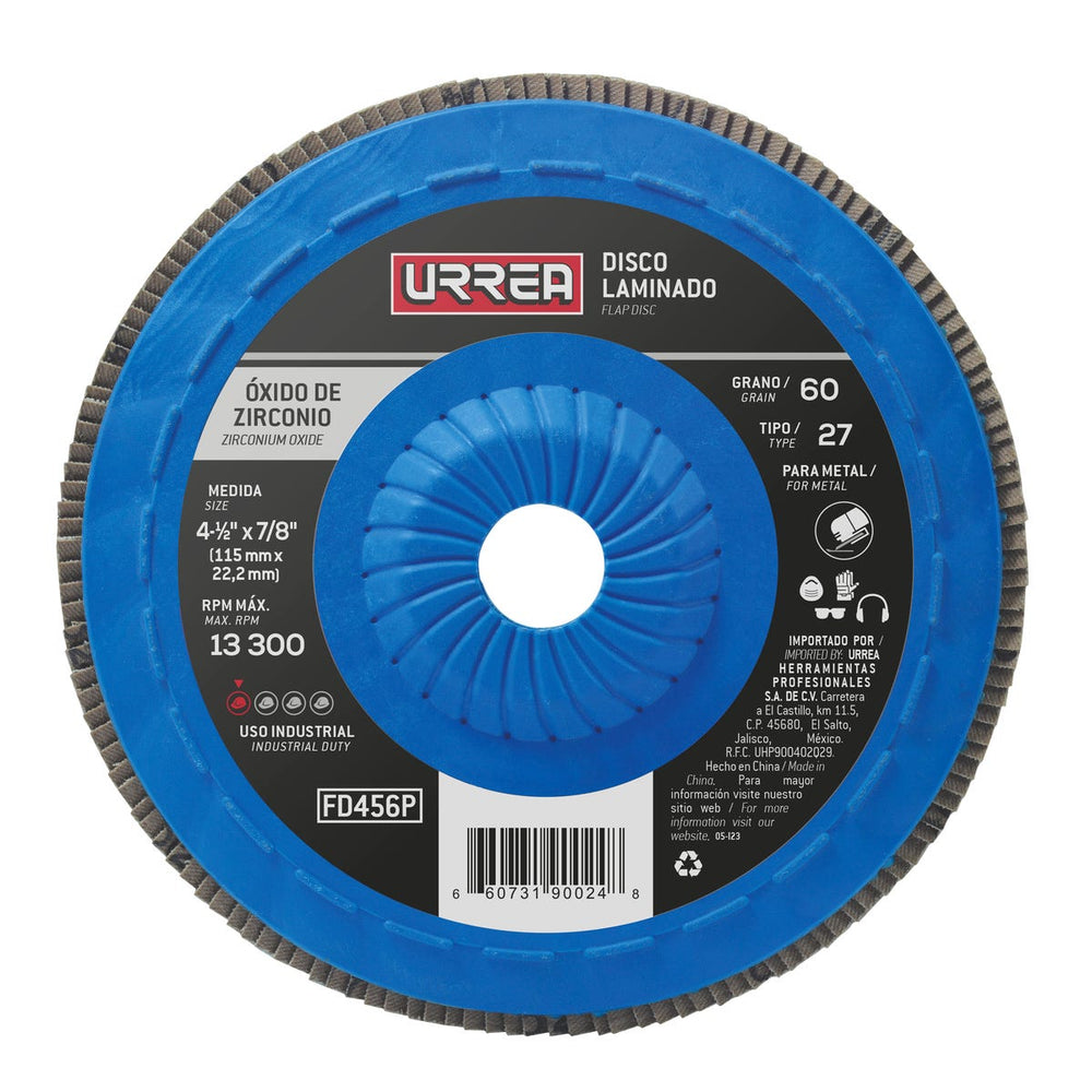 Disco laminado tipo 27 grano 60 con respaldo plástico, 4-1/2" Urrea FD456P