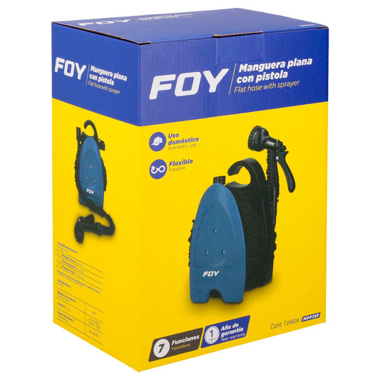 Manguera para jardín plana con pistola para riego y portamanguera 3/4", 15 m Foy MPP15F
