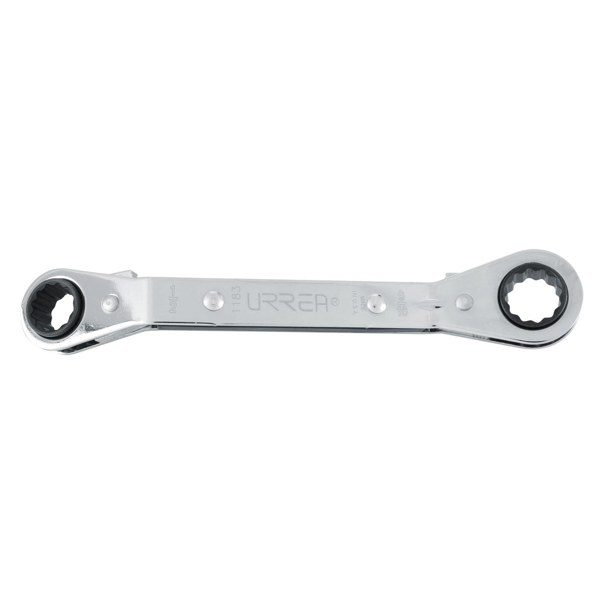Llave de estrías pulido espejo acodada de matraca en pulgadas, 12 puntas, 1/2" x 9/16" Urrea 1183