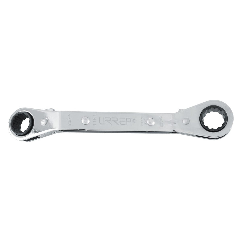 Llave de estrías pulido espejo acodada de matraca en pulgadas, 12 puntas, 1/2" x 9/16" Urrea 1183