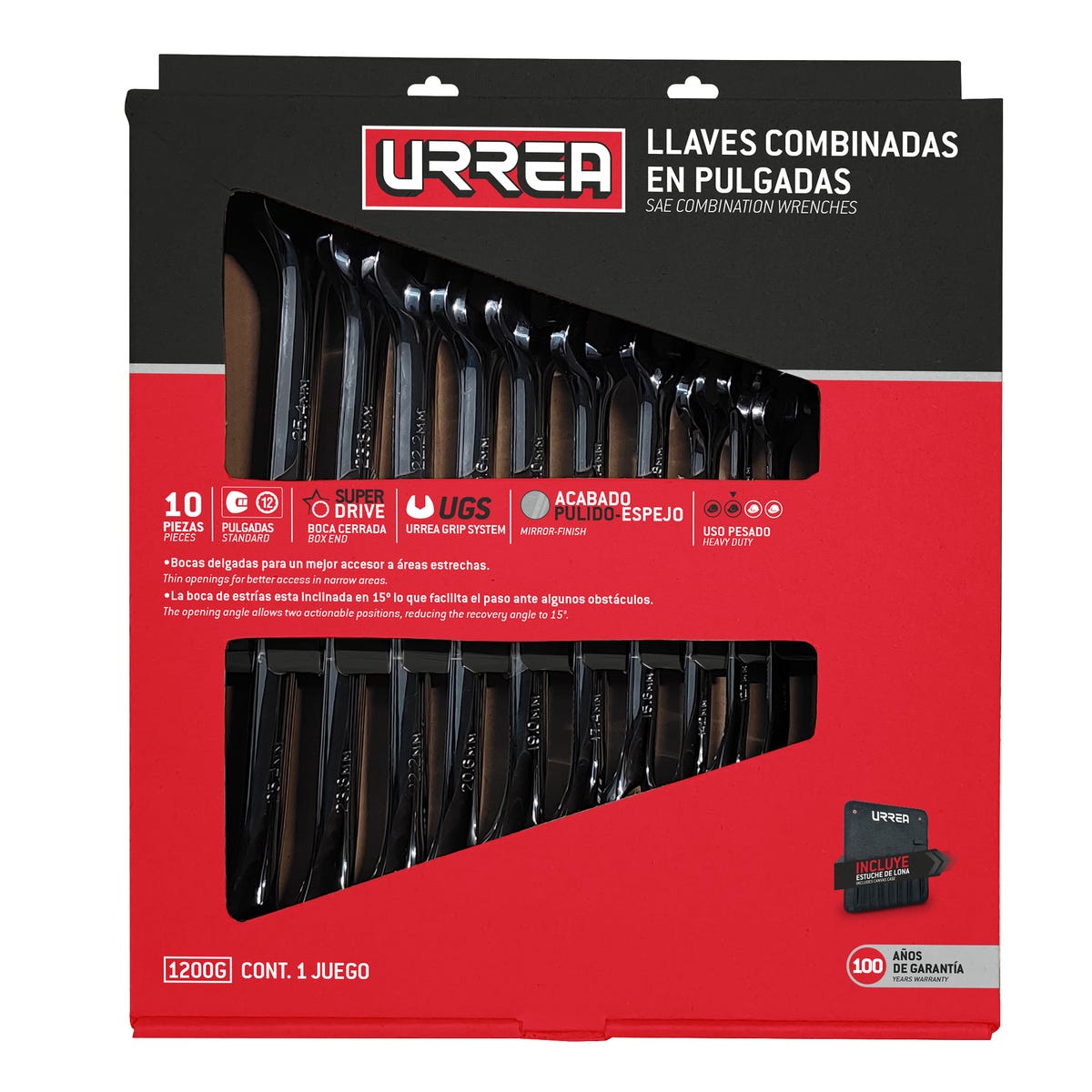 Juego de llaves combinadas pulido espejo en pulgadas, 12 puntas, 10 piezas, en estuche Urrea 1200G - imagen 3