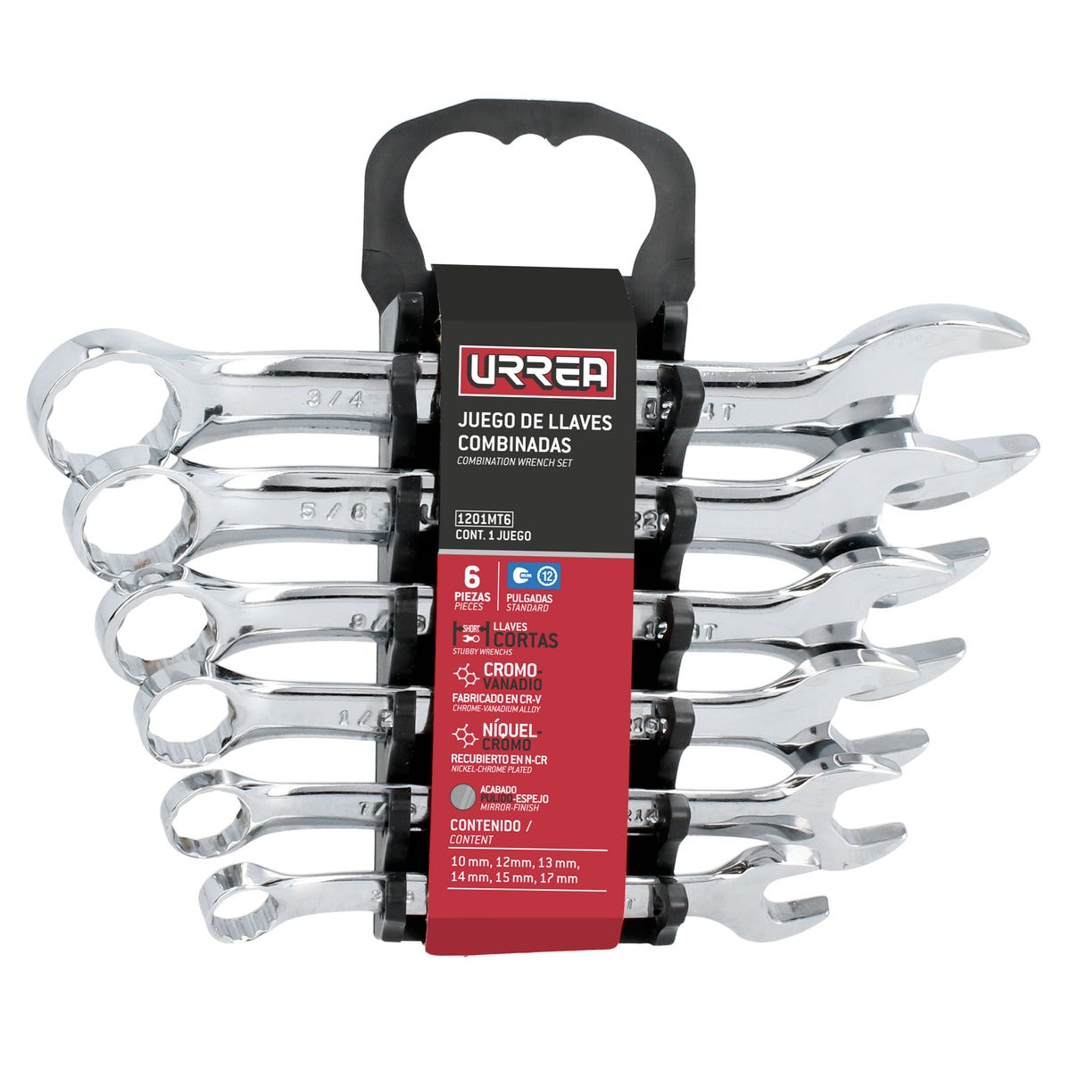 Juego de llaves combinadas cortas pulido espejo métricas, 12 puntas, 6 piezas, en rack Urrea 1201MT6 - imagen 3