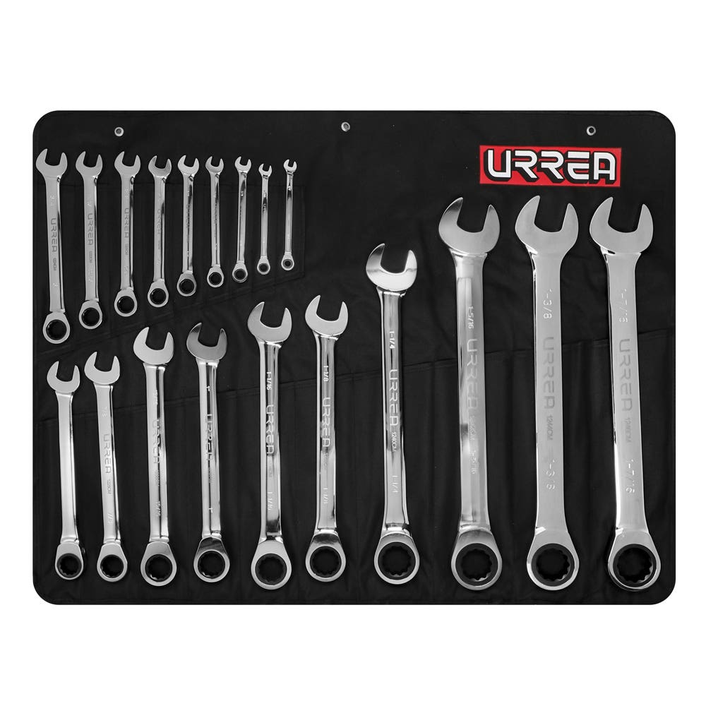 Juego de llaves combinadas pulido espejo de matraca pulgadas,12 puntas,19 piezas,estuche Urrea 1202CM