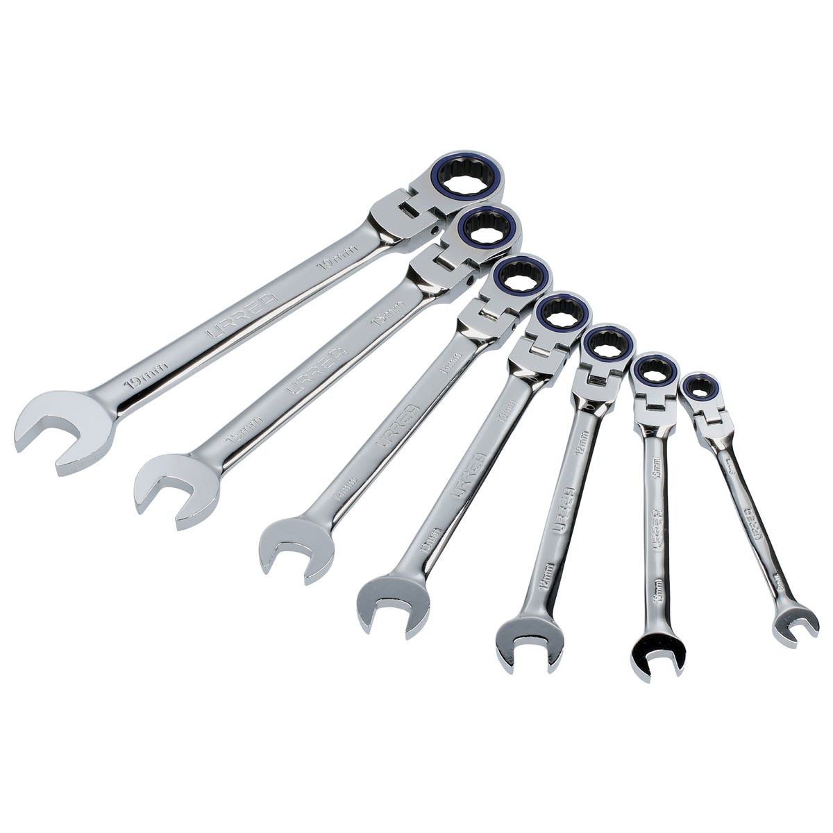 Juego de llaves combinadas pulido espejo de matraca flex métricas,12 puntas,7 piezas,rack Urrea 12MF7M
