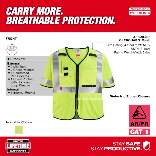 Chaleco de seguridad de malla amarilla de gran visibilidad clase 3 AR/FR Cat. 1, tallas S/M Milwaukee 48-73-5221 - imagen 3