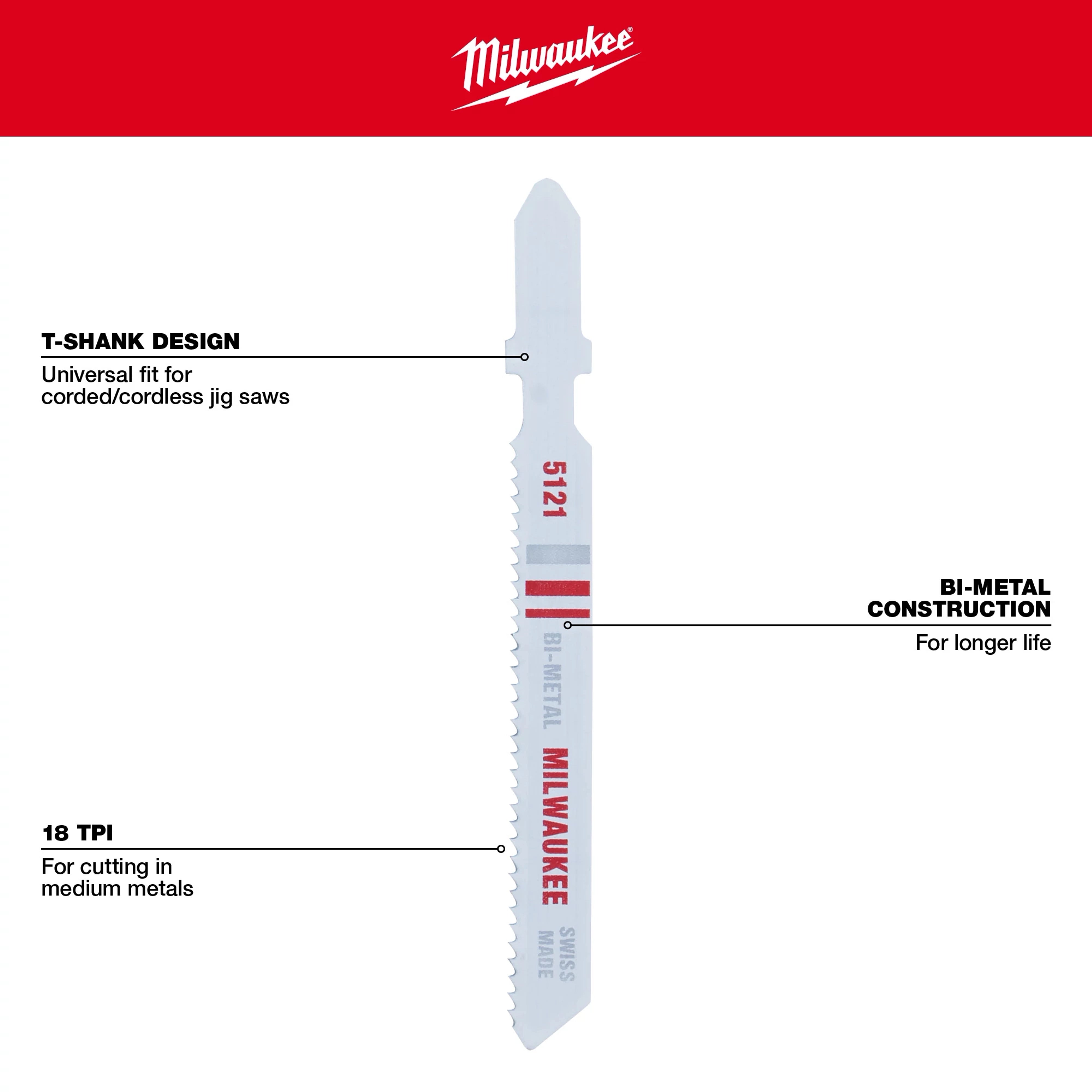 Hoja bimetálica para sierra caladora de 3" 18 TPI (paquete por 5) Milwaukee 48-42-5121 - imagen 5