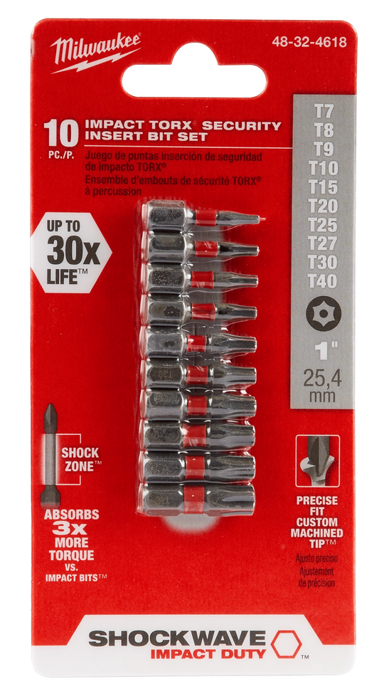 (3) Conjunto de brocas de inserción de seguridad Torx® SHOCKWAVE™ de 10 piezas Milwaukee 48-32-4618