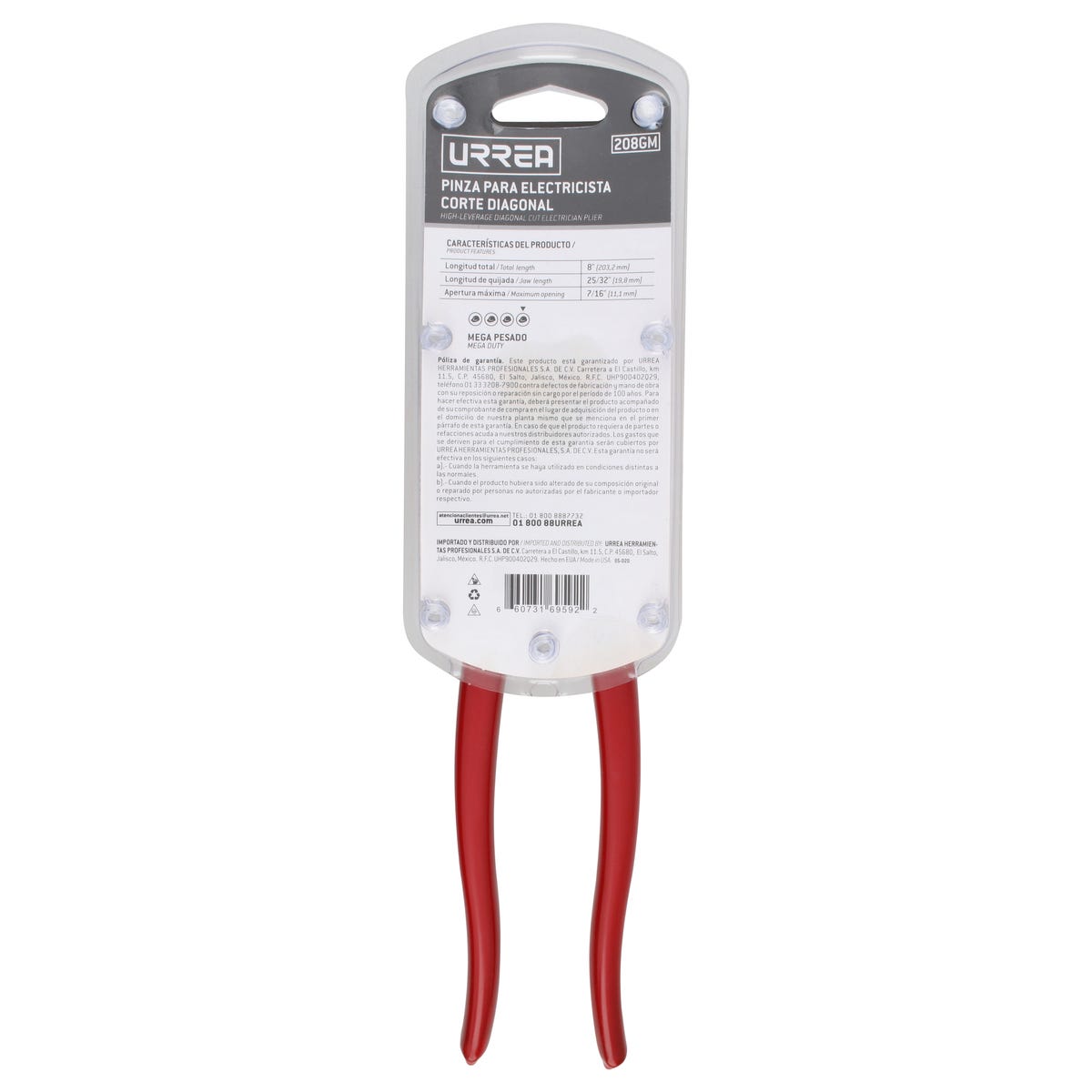 Pinza para electricista con mango rubber grip corte lateral de 8" Urrea 208GM - imagen 5