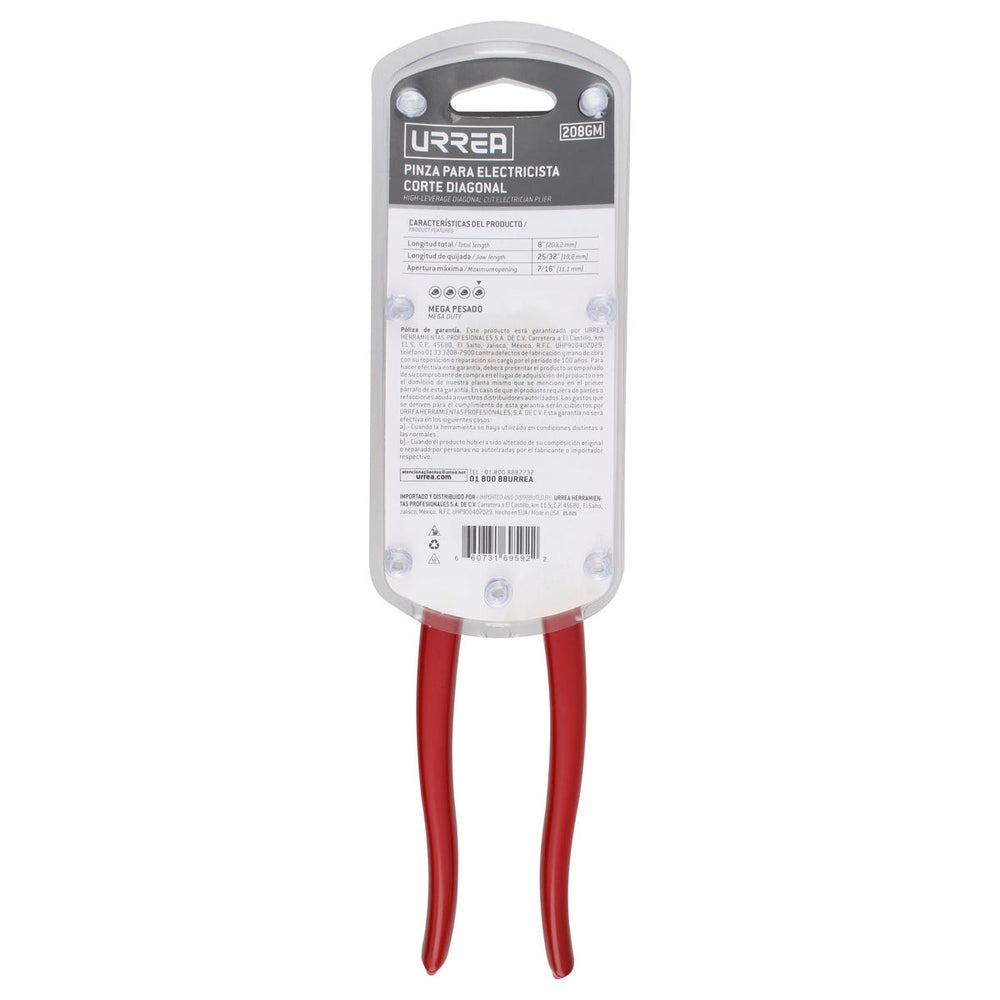 Pinza para electricista con mango rubber grip corte lateral de 8" Urrea 208GM - imagen 5