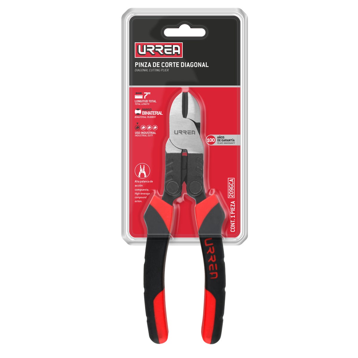 Pinza para electricista con mango bimaterial palanca compuesta corte diagonal de 7" Urrea 209GCA - imagen 5