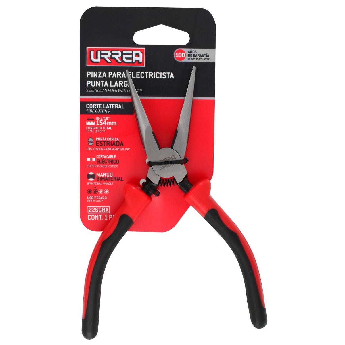 Pinza para electricista con mango bimaterial punta larga corte lateral de 6-23/32" Urrea 226GRX - imagen 4