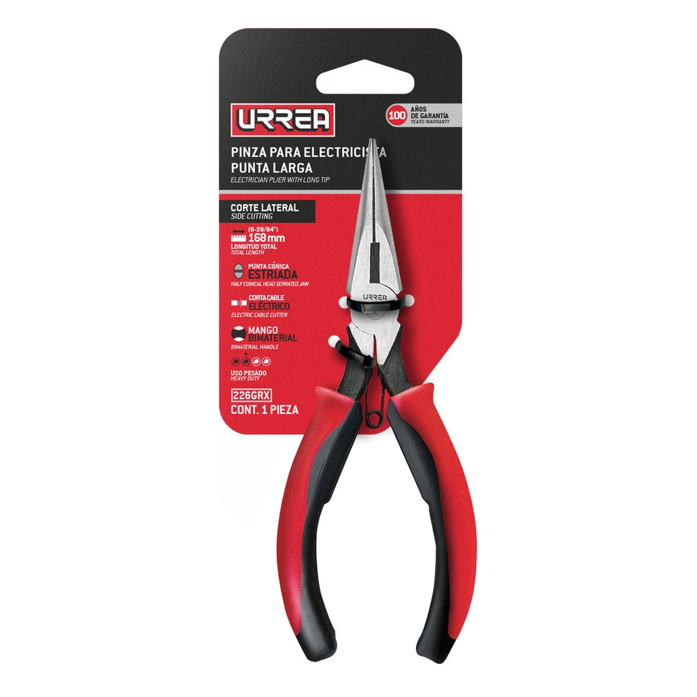 Pinza para electricista con mango bimaterial punta larga corte lateral de 6-23/32" Urrea 226GRX - imagen 5