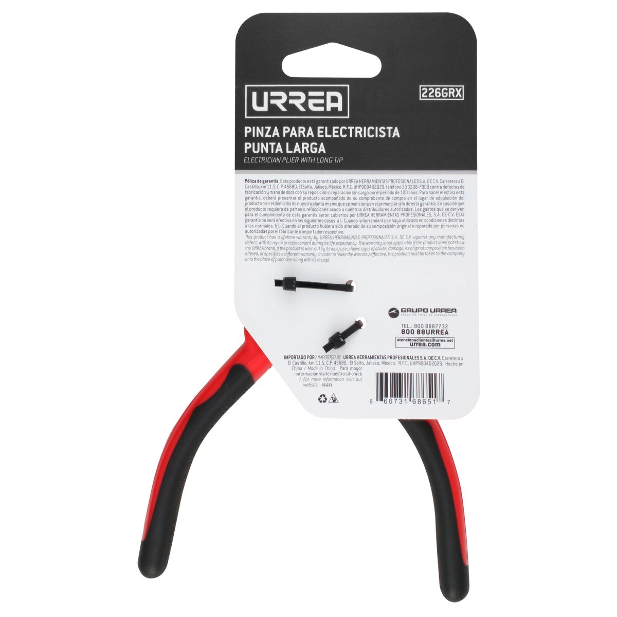 Pinza para electricista con mango bimaterial punta larga corte lateral de 6-23/32" Urrea 226GRX - imagen 6