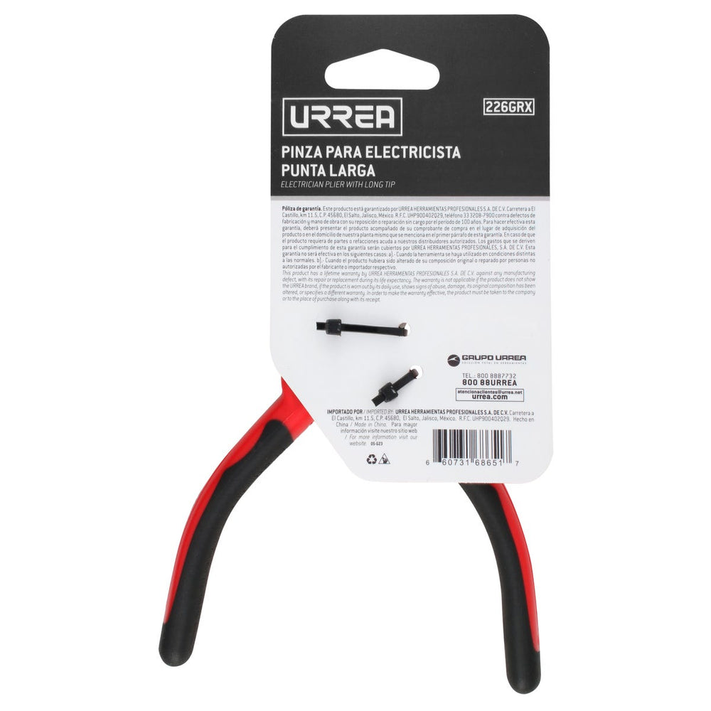 Pinza para electricista con mango bimaterial punta larga corte lateral de 6-23/32" Urrea 226GRX - imagen 6