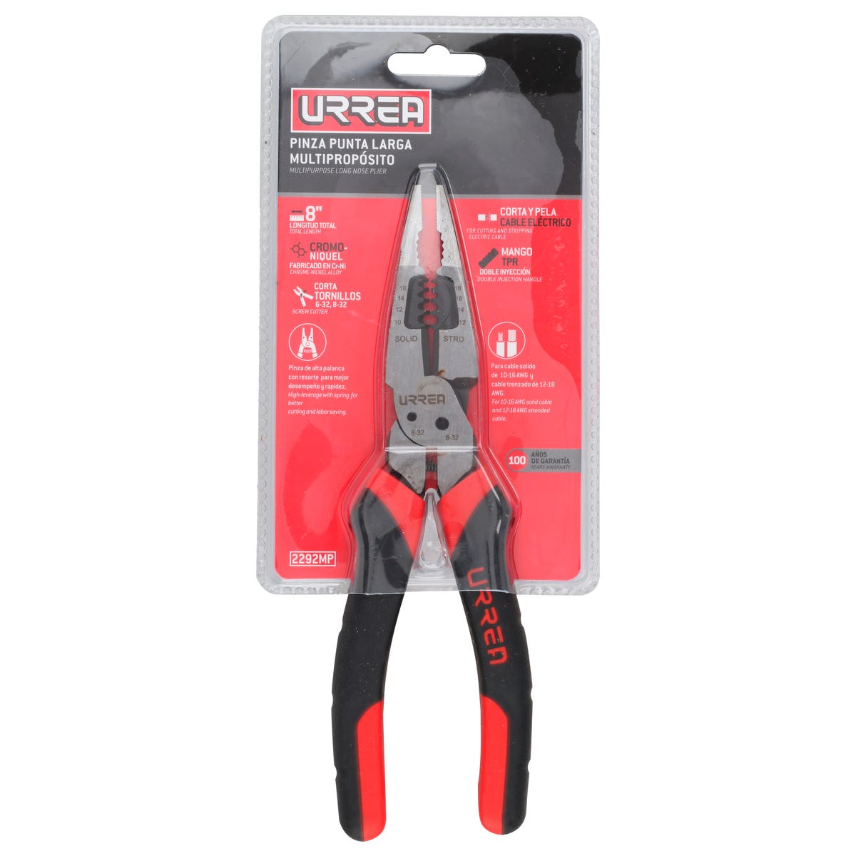 Pinza multipropósitos con mango bimaterial punta larga corte lateral de 8" Urrea 2292MP - imagen 4
