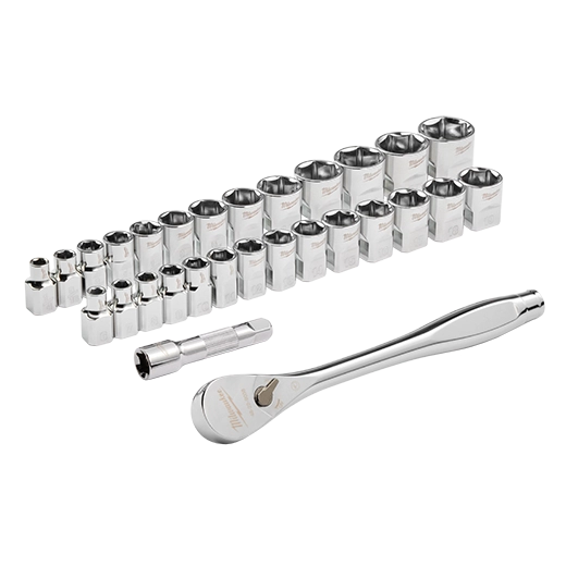 Juego de trinquete con boca de 3/8" y cubos SAE, 29 piezas con CUATRO CARAS PLANAS Milwaukee 48-22-9088 - imagen 2