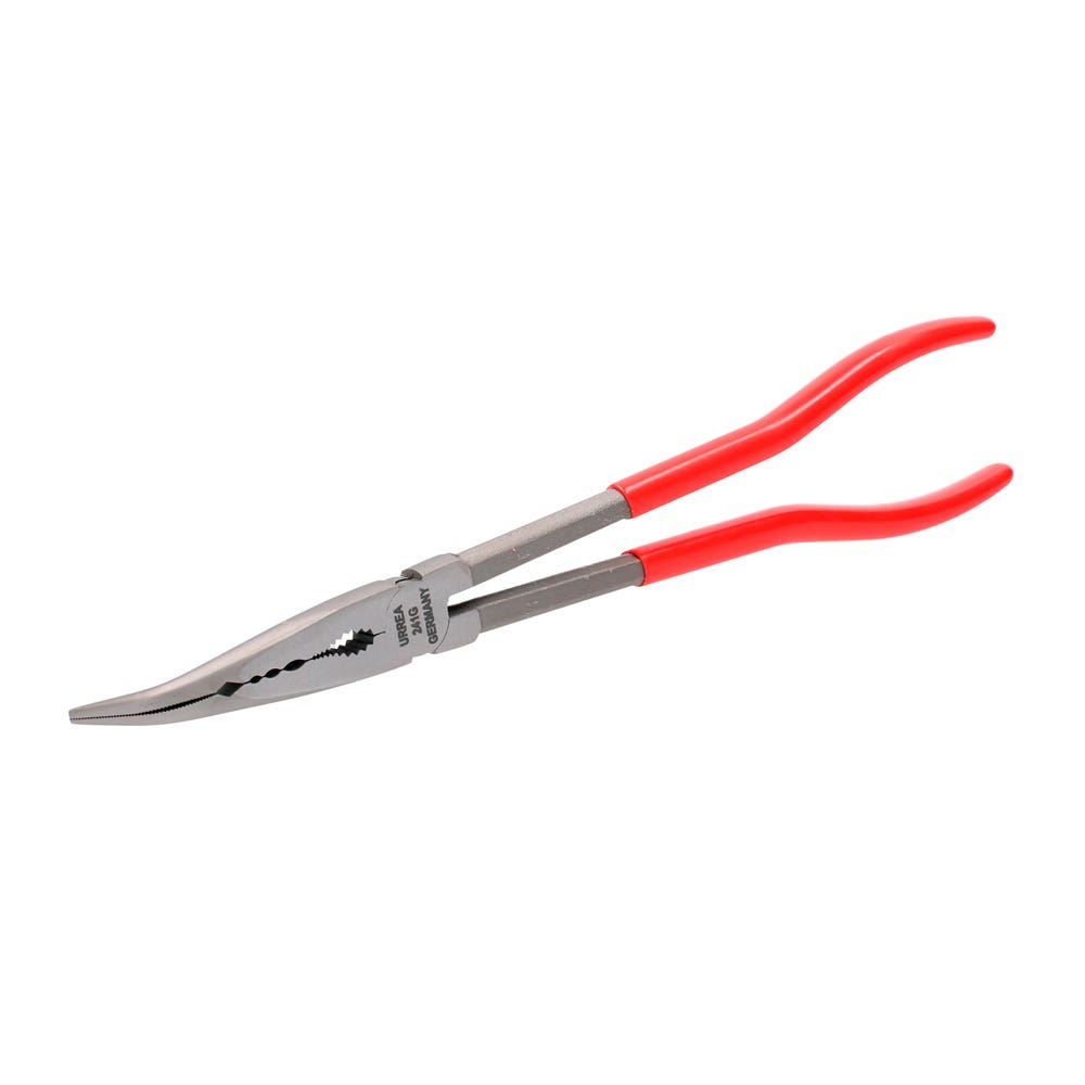 Pinza extra larga para electricista con mango rubber grip punta fina curva a 45° de 9-5/8" Urrea 241G