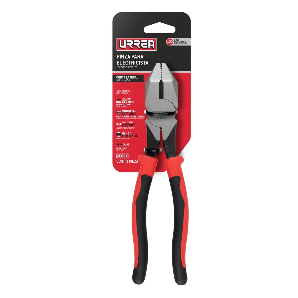 Pinza para electricista con mango bimaterial corte lateral alta palanca de 8-21/32" Urrea 268GX - imagen 3