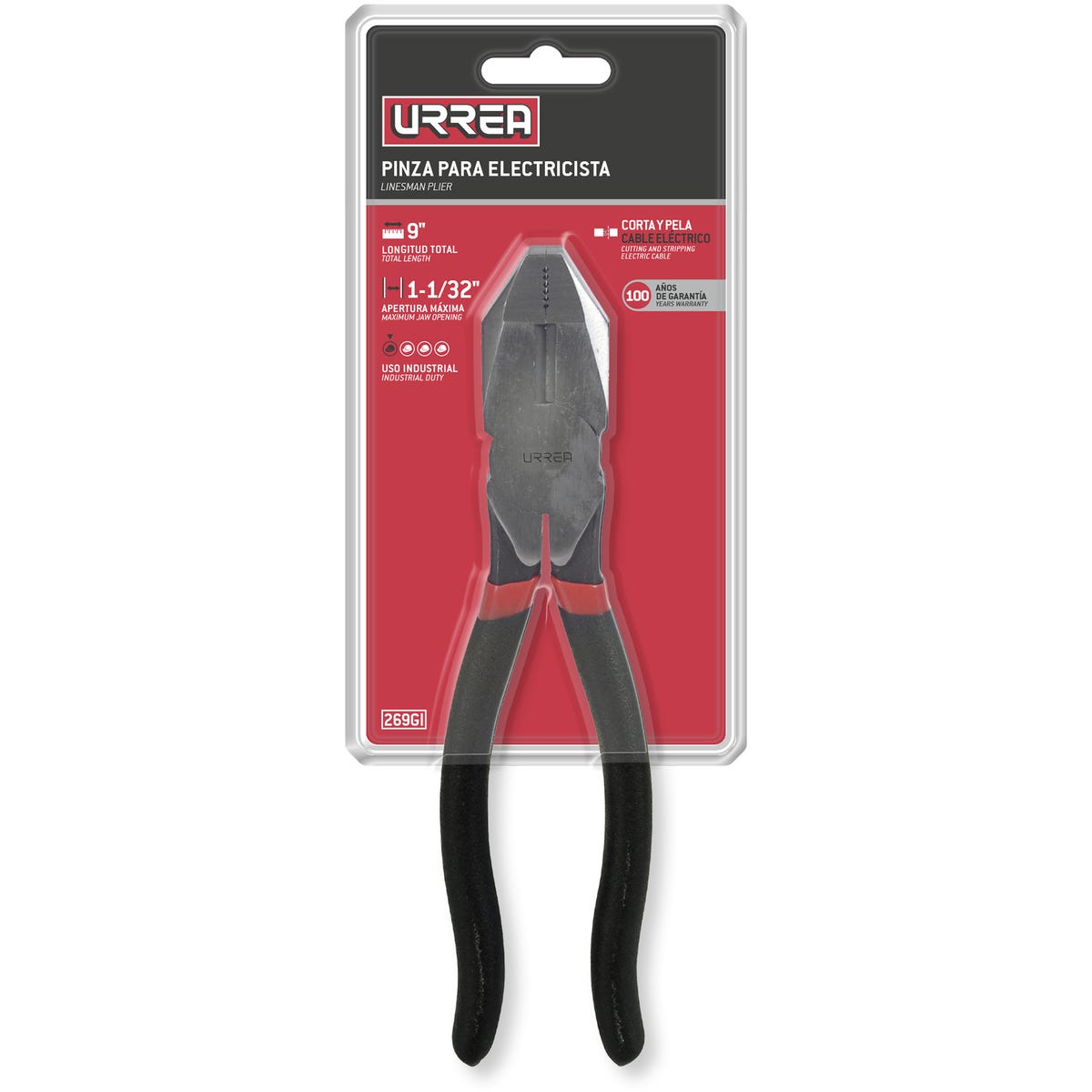 Pinza para electricista con mango rubber grip alta palanca corte lateral de 9" Urrea 269GI - imagen 3
