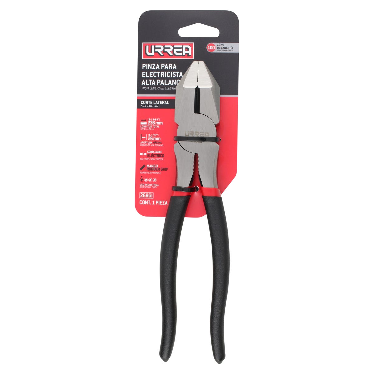 Pinza para electricista con mango rubber grip alta palanca corte lateral de 9" Urrea 269GI - imagen 4