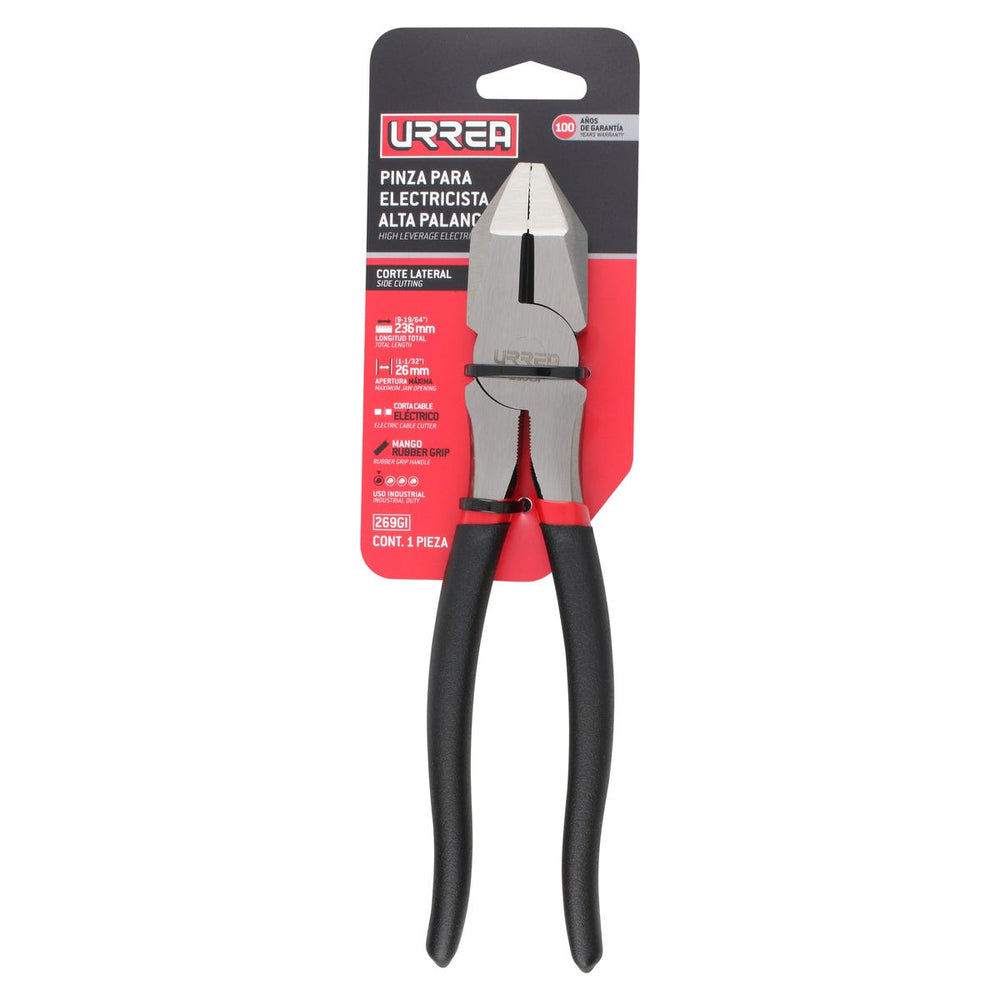 Pinza para electricista con mango rubber grip alta palanca corte lateral de 9" Urrea 269GI - imagen 4