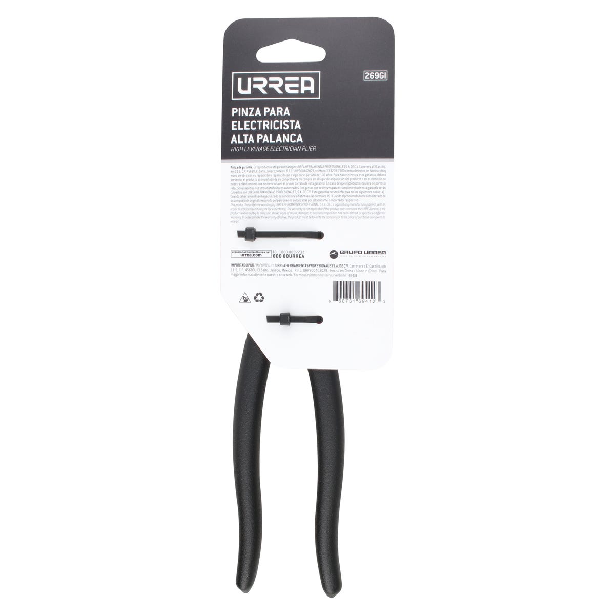 Pinza para electricista con mango rubber grip alta palanca corte lateral de 9" Urrea 269GI - imagen 5