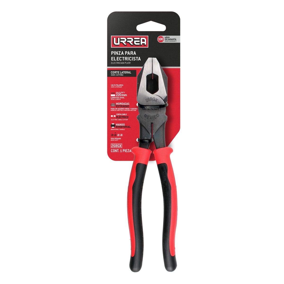 Pinza para electricista con mango bimaterial corte lateral alta palanca de 9-3/8" Urrea 269GX - imagen 4