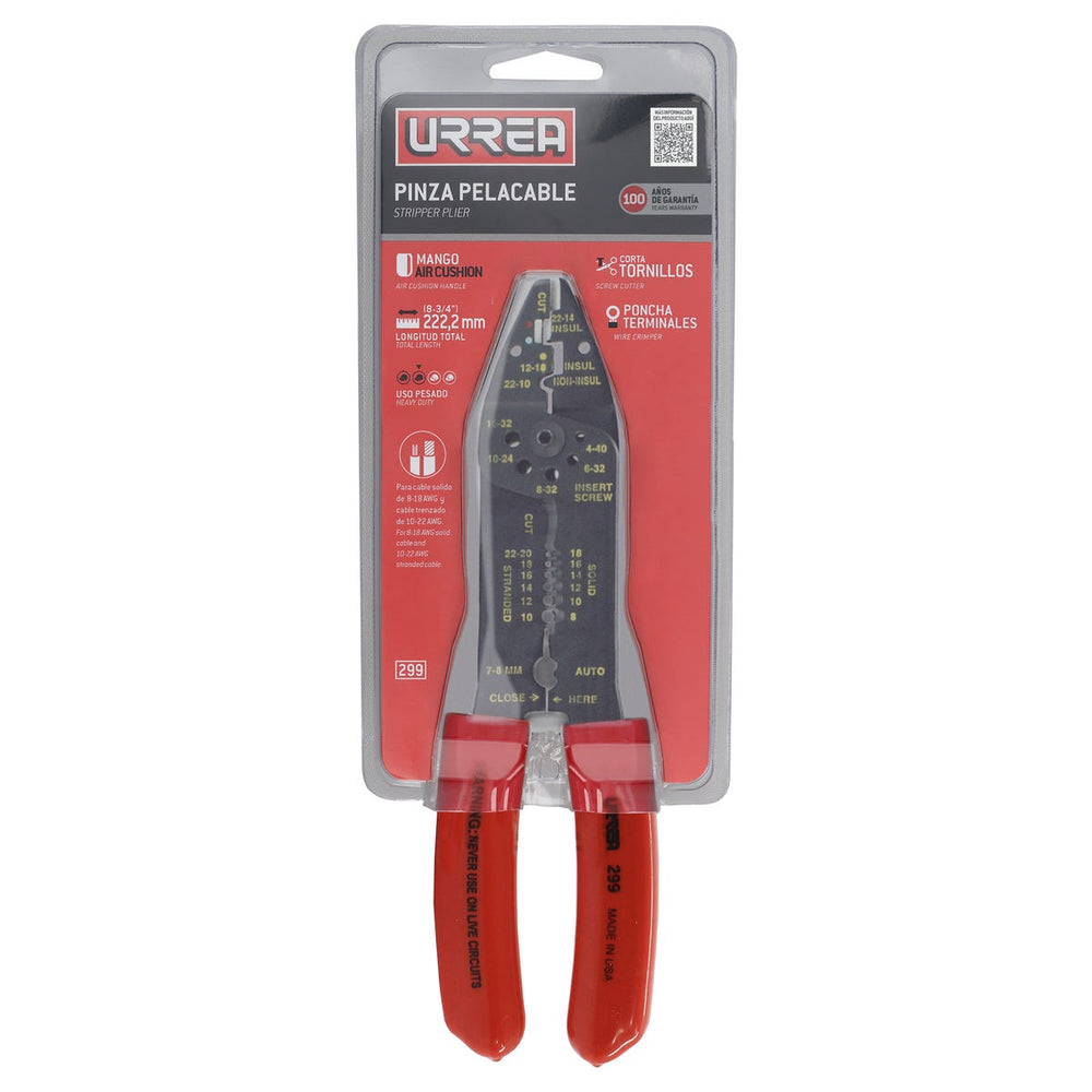 Pinza pelacable con mango air cushion 8-18 AWG poncha terminales, cta tornillos de 8-3/4" Urrea 299 - imagen 3