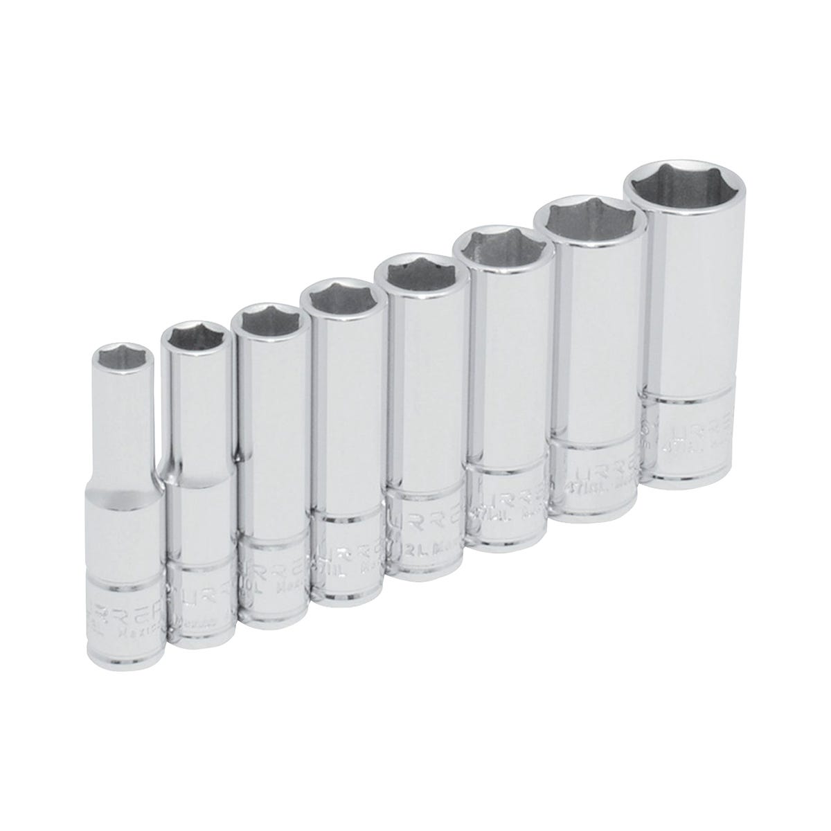 Juego de dados largos cuadro de 1/4", 6 puntas, en pulgadas, 8 piezas Urrea 47102